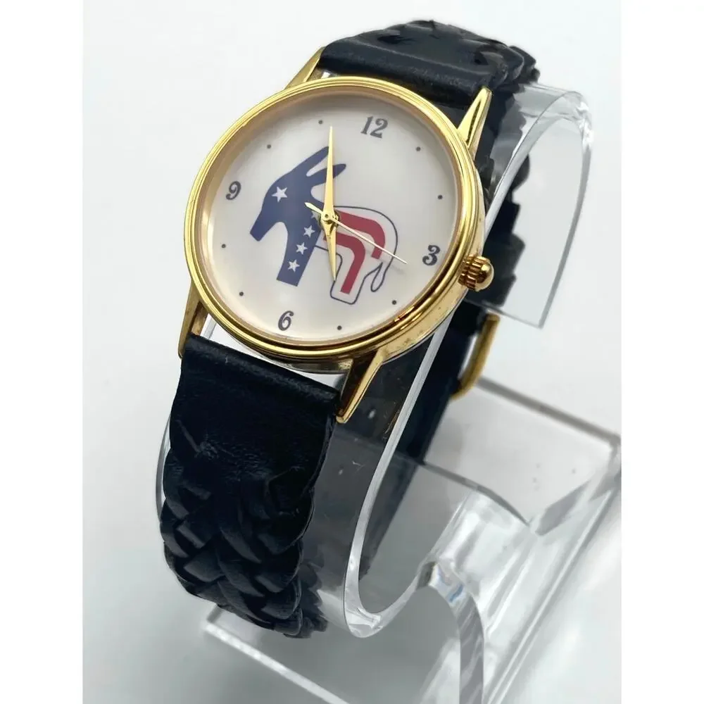 VTG 23kt Plated Unisex Watch 32mm Unique Political Fresh Battery - Adjustable WR
